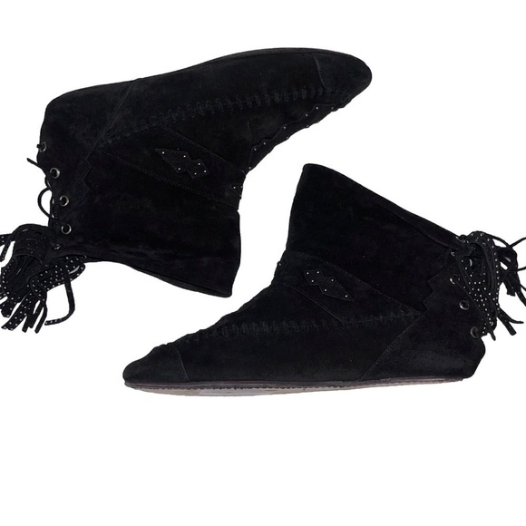 SAINT LAURENT black suede fringe studded moccasin ankle boot EU 39 US 9 boho new - Picture 5 of 10